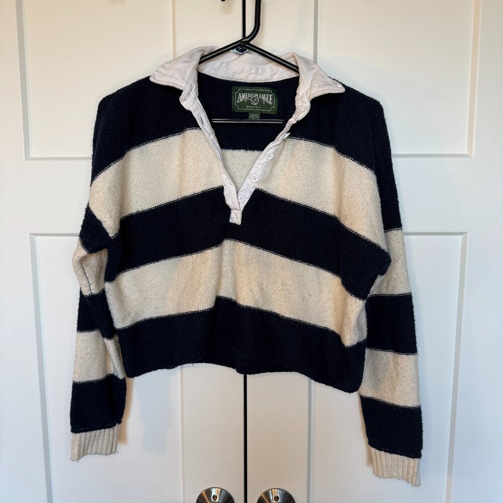 American Eagle Women's Knit Sweater Cropped Rugby Style Blue Striped Size XS